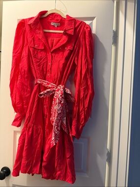 Scarlett Red Long-Sleeve Shirt Dress with Printed Waist Tie